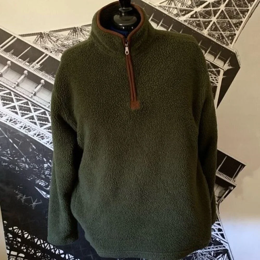 Mens Olive Green Sherpa Fleece Quarter Zip Pullover Mock Neck Sweater Large